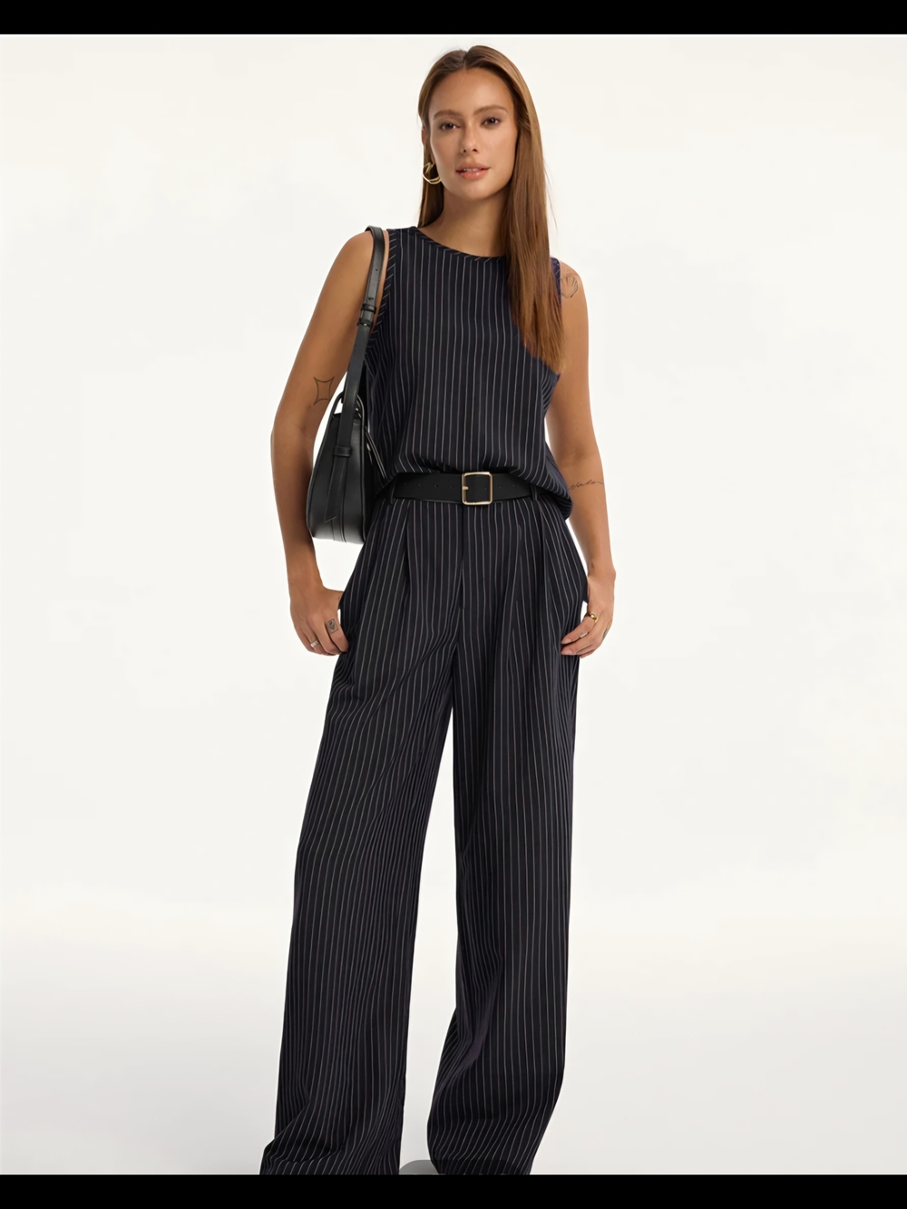 Pinstripe Sleeveless Gray Top and Pants Set with Belt